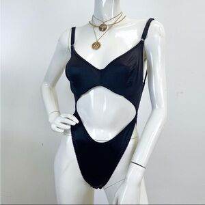 Vintage black satin high cut lingerie bodysuit